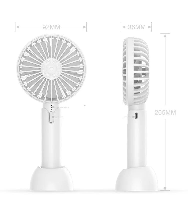 Blue handheld and desktop mini USB electric fan with three speed settings.