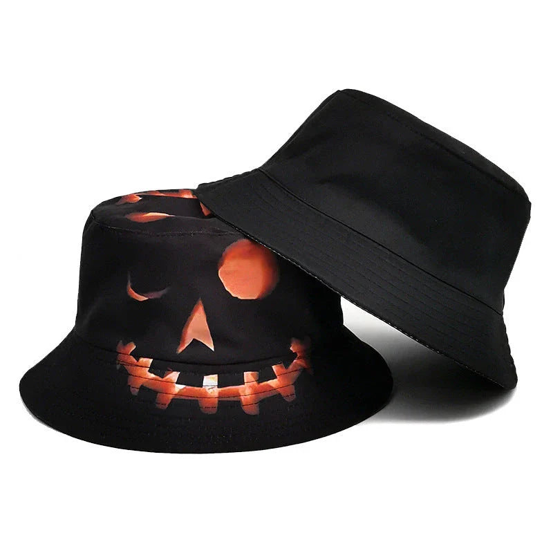 Pumpkin-themed fisherman hat with a flat top design and sun-protective features, perfect for Halloween and autumn activities