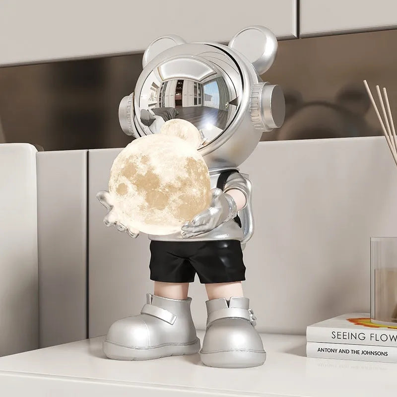 Gold resin desktop space bear moon night light astronaut decoration with stick-on silver mask