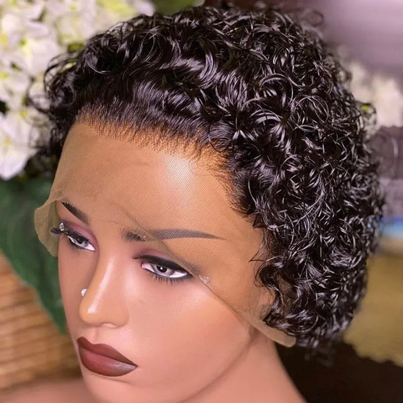 Black human hair lace front pixie wig in colour 13x1 on a stand.