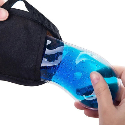 Silk eye mask with ice cube gel insert showing navy blue colour and adjustable strap