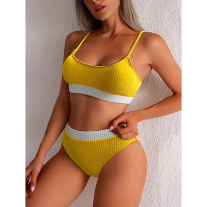 Women's high waist bikini set with push-up support and ribbed design in various colours