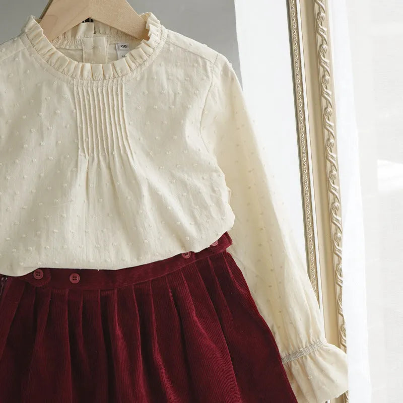 Girls cotton long sleeve polka dot top with lace trim, light apricot colour, spring clothing