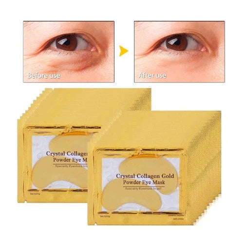 Gold crystal collagen eye patches applied under eyes for dark circle and fine line treatment