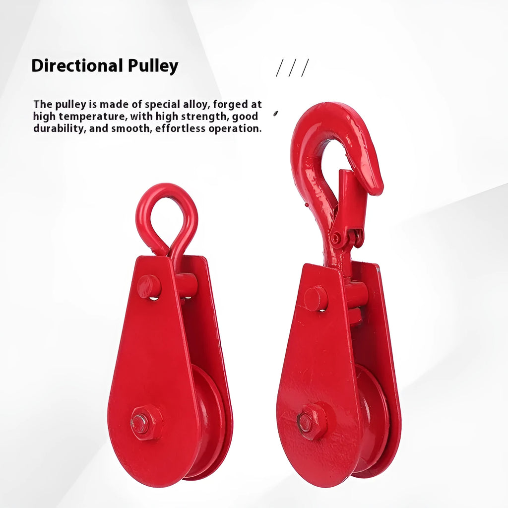 Red industrial lifting pulley with a safety-latched hook forged from A3 steel.