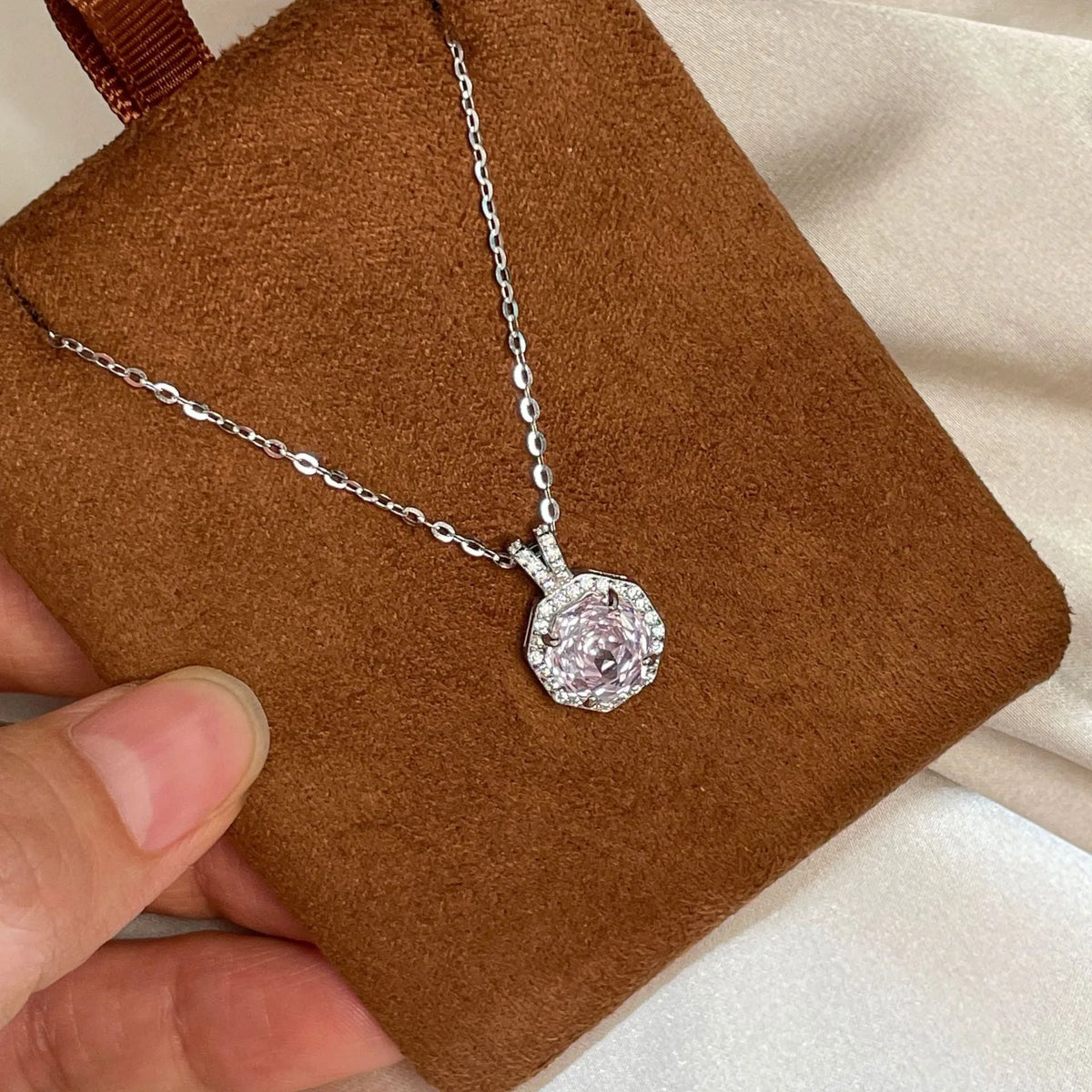 925 silver octagonal rose cut zircon collarbone chain necklace on model, platinum-white electroplated finish