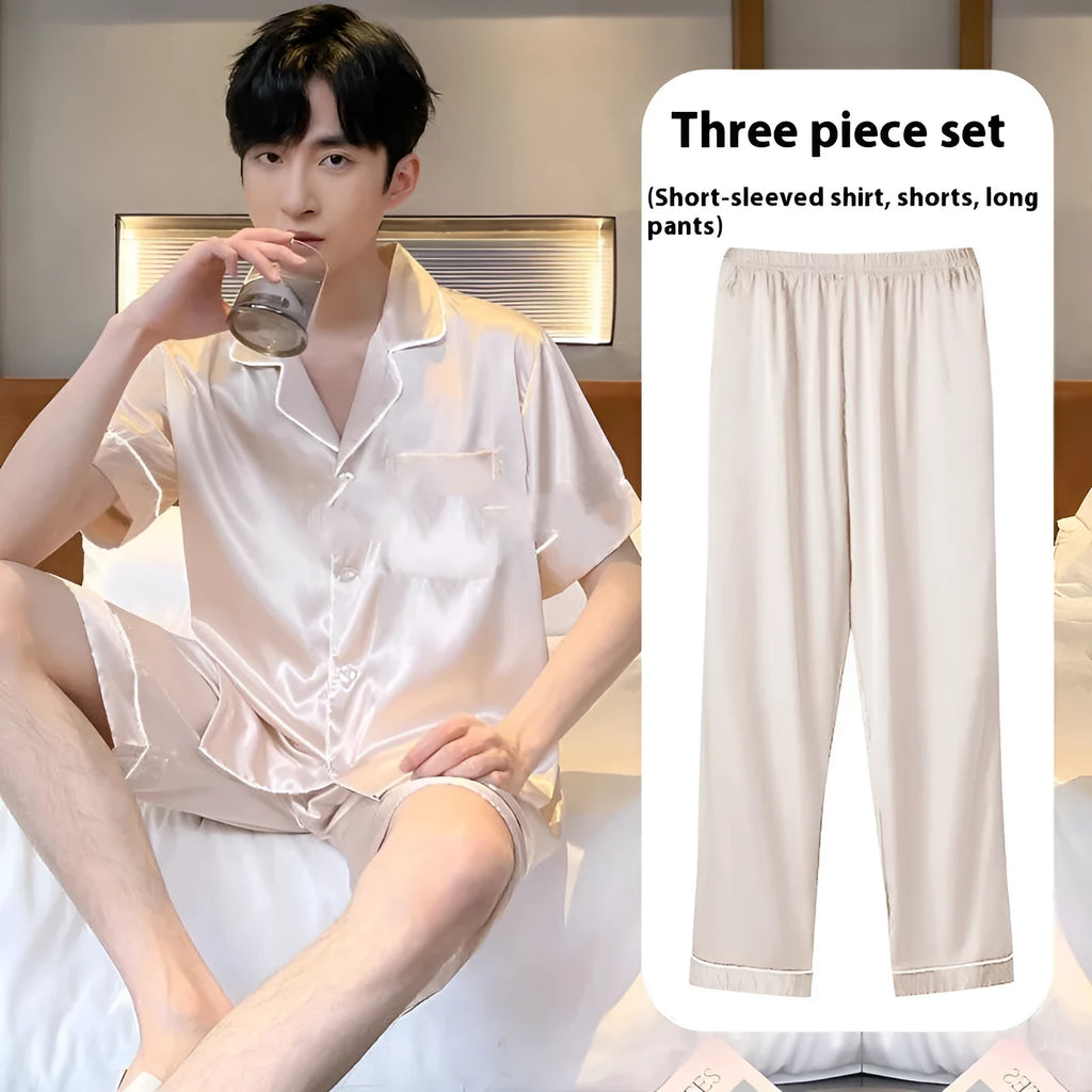 Men's ice silk three-piece home wear set in various colours showing lightweight summer pyjamas and lounge trousers