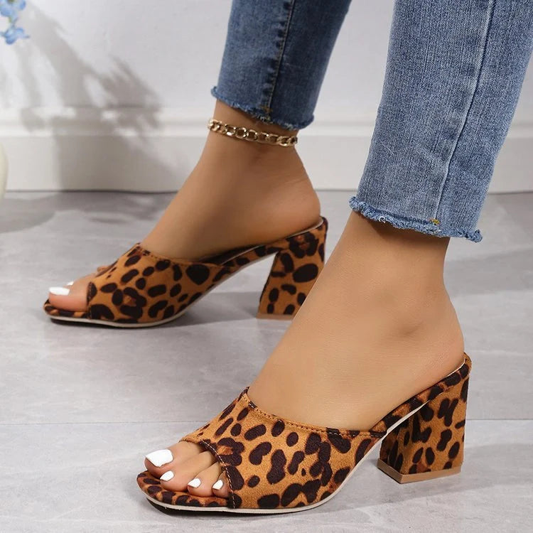 Leopard print square toe sandals with chunky heel for women in white, red, and camel