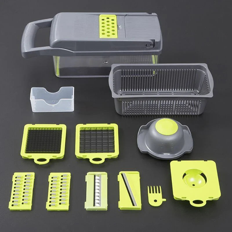 Versatile vegetable slicer with interchangeable blades for slicing, dicing, and shredding a variety of fruits and vegetables