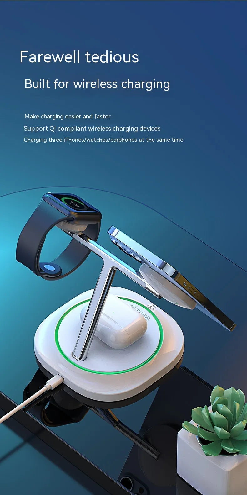 White three-in-one 15W magnetic suction wireless charger for phone earphone and watch on desk