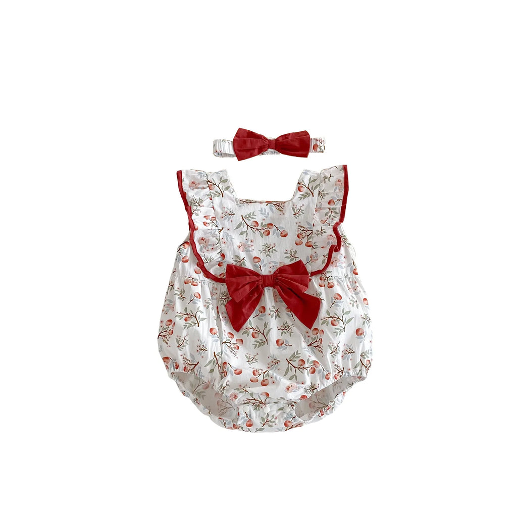 Sleeveless red pastoral style cotton baby girl jumpsuit with matching hair band