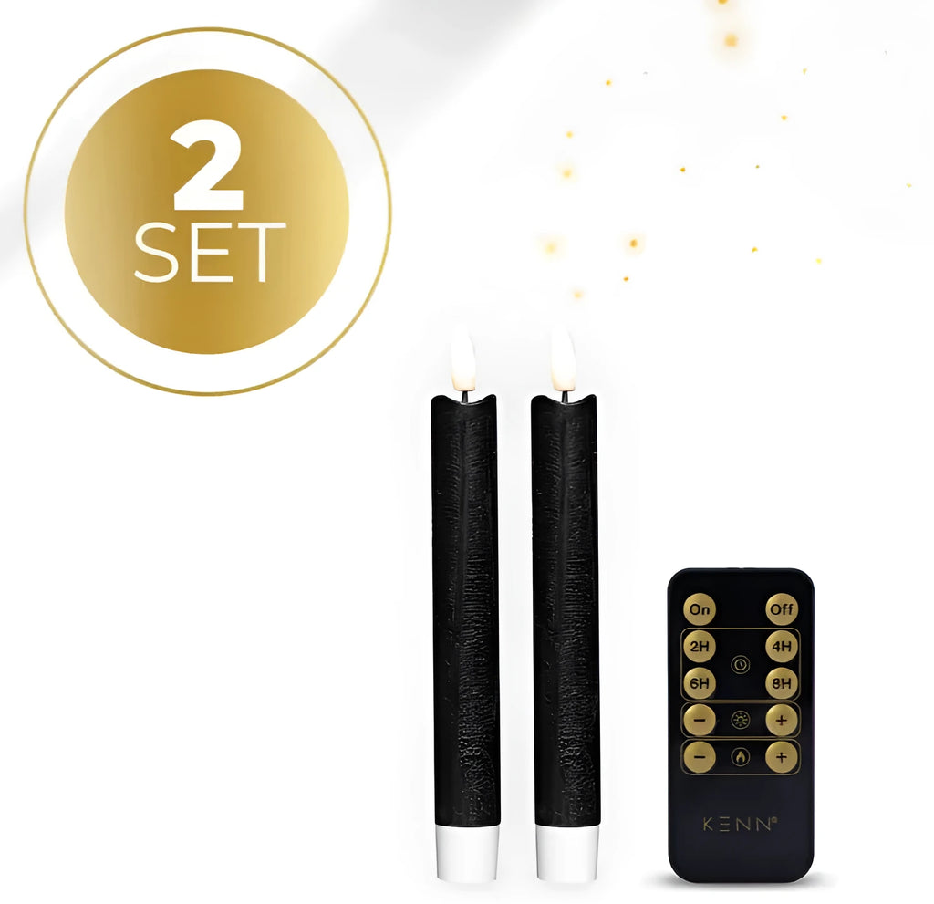 Set of four tall black LED taper candles with realistic flickering 3D flame tips.