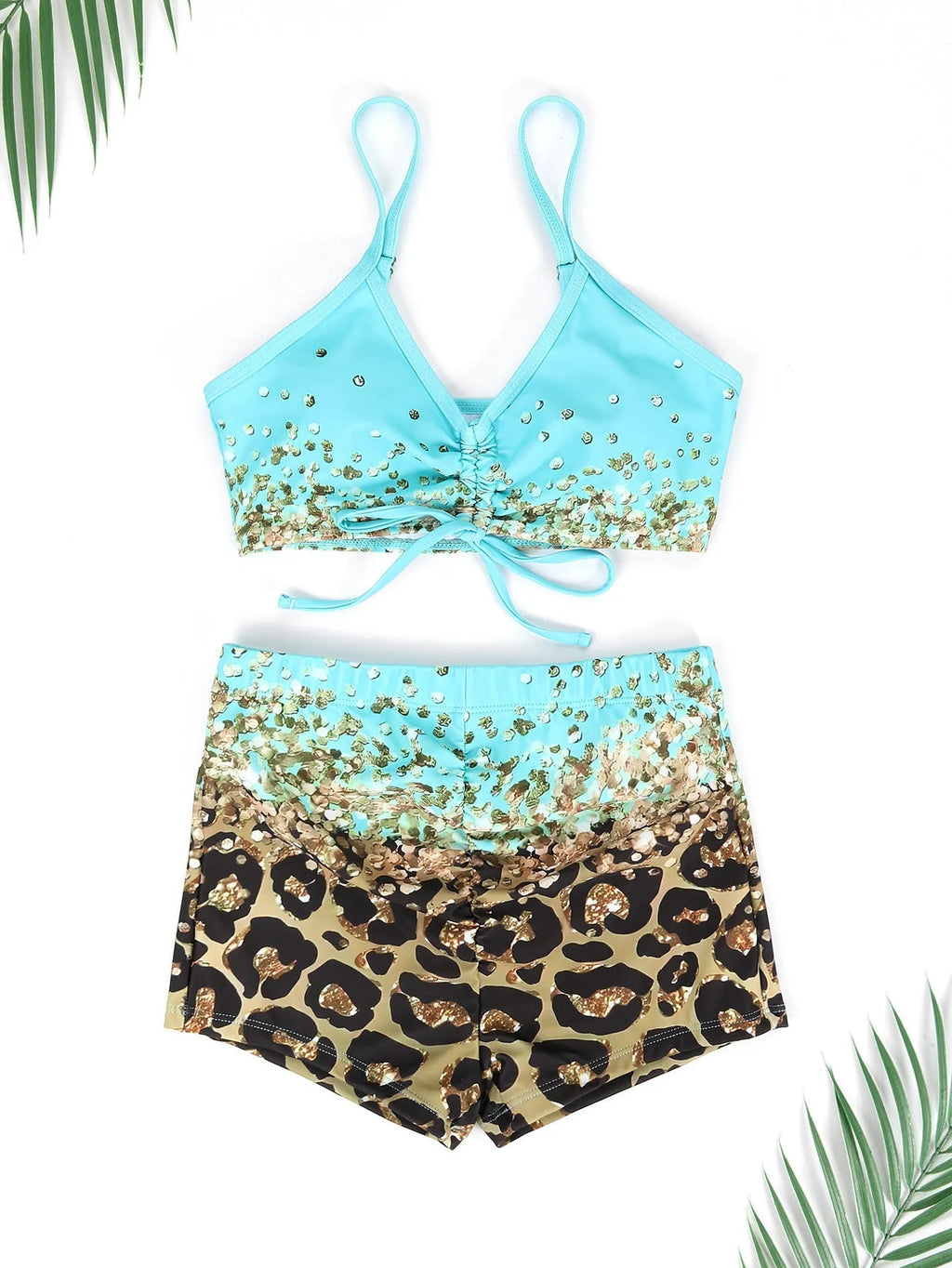 Women's three-piece swimsuit set with high waist shorts and matching coat in polyester fabric
