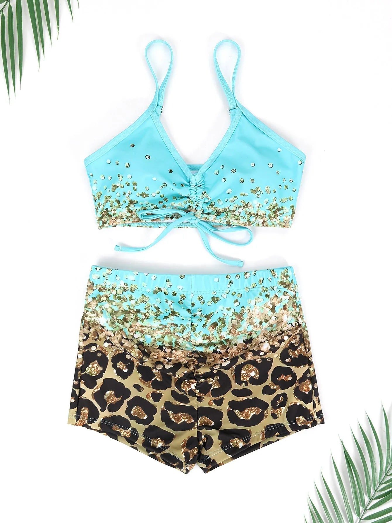Women's three-piece swimsuit set with high waist shorts and matching coat in polyester fabric