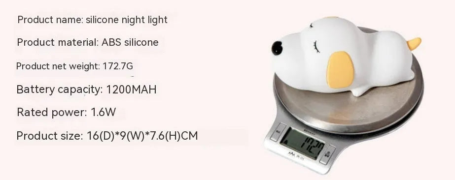 Silicone cartoon dog night light with two-colour design, powered by a USB cable.