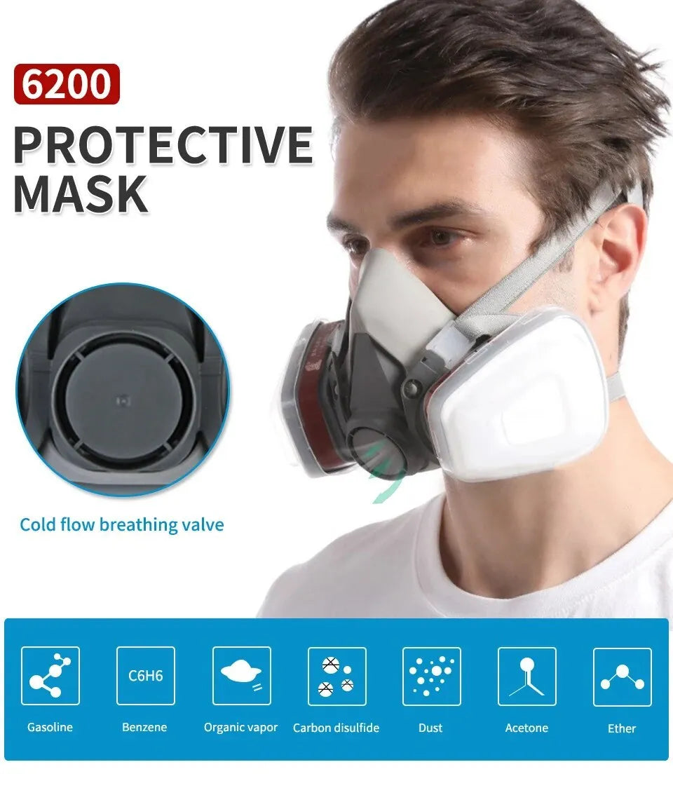 Original 6200 half face reusable respirator with anti-fog glasses and filtrating boxes on a white background