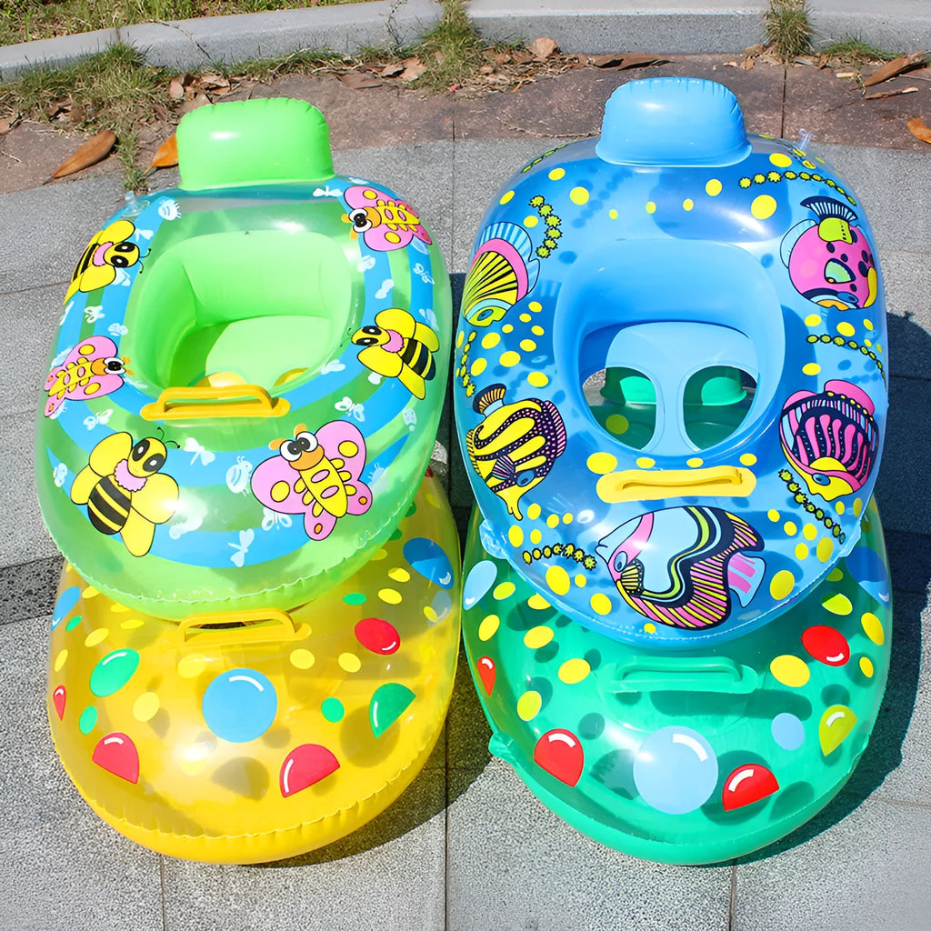 Inflatable baby swimming ring with cartoon pattern and built-in seat, 65x45cm inflated size