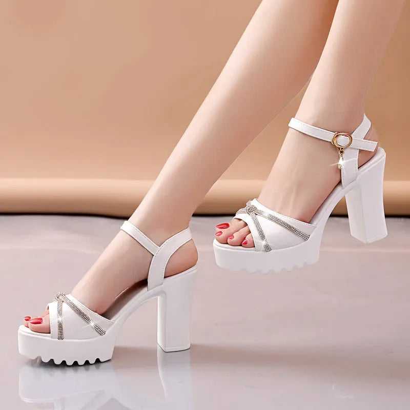 Women's black and white PU high heel sandals showing open-toe design