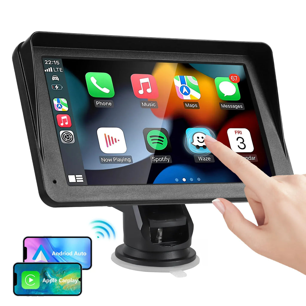 Portable 7-inch car stereo with wireless CarPlay and Android Auto touchscreen display