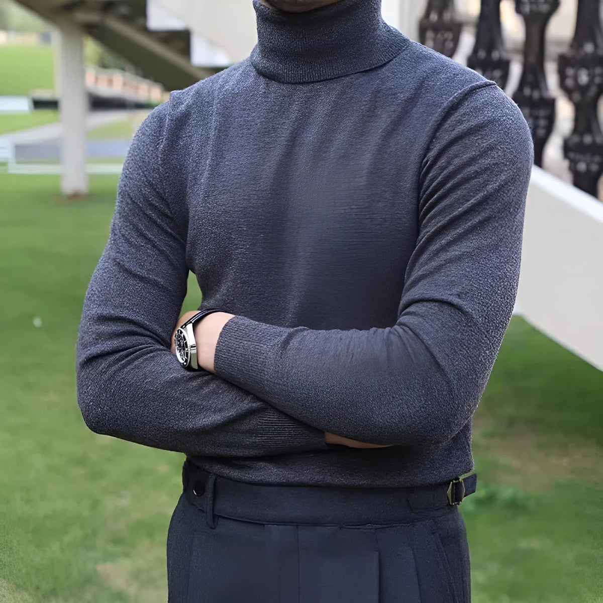 Men's autumn winter turtleneck cotton sweater in black, long sleeves, pullover style
