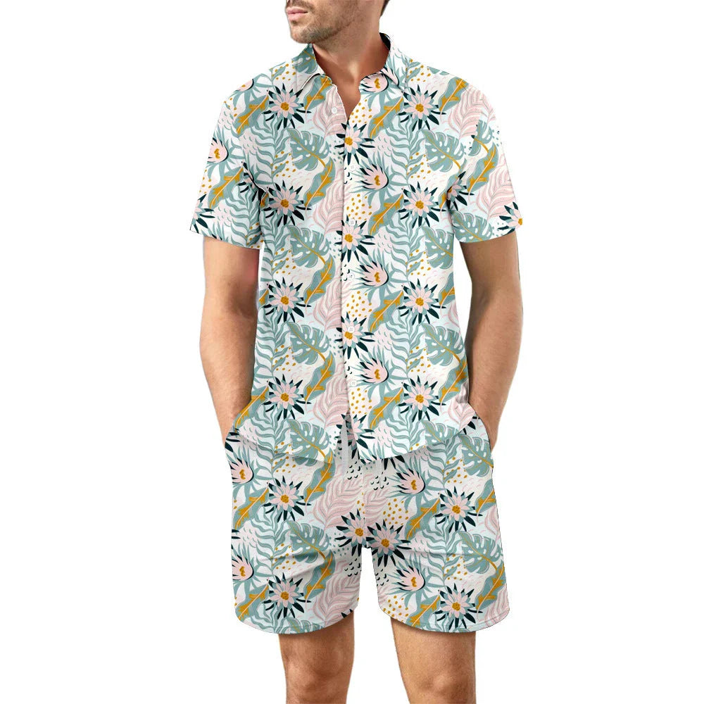 Stylish printed shirt and drawstring shorts set for men's casual beach vacation outfit