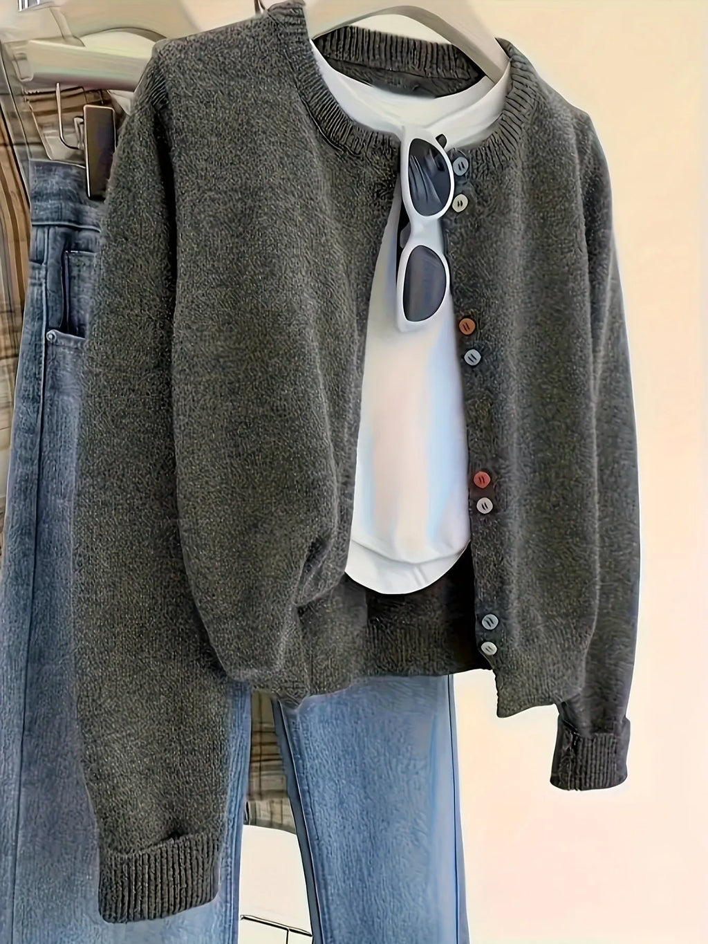 Dark grey women's polyester cardigan sweater with button front and long sleeves