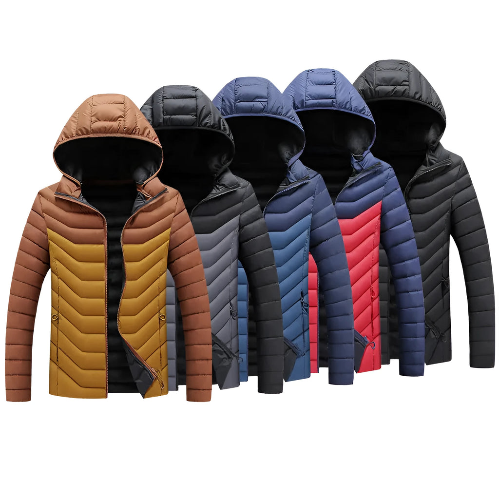Men's hooded padded winter jacket in imitation down, slim fit, cotton, available in five colours and sizes L to 4XL