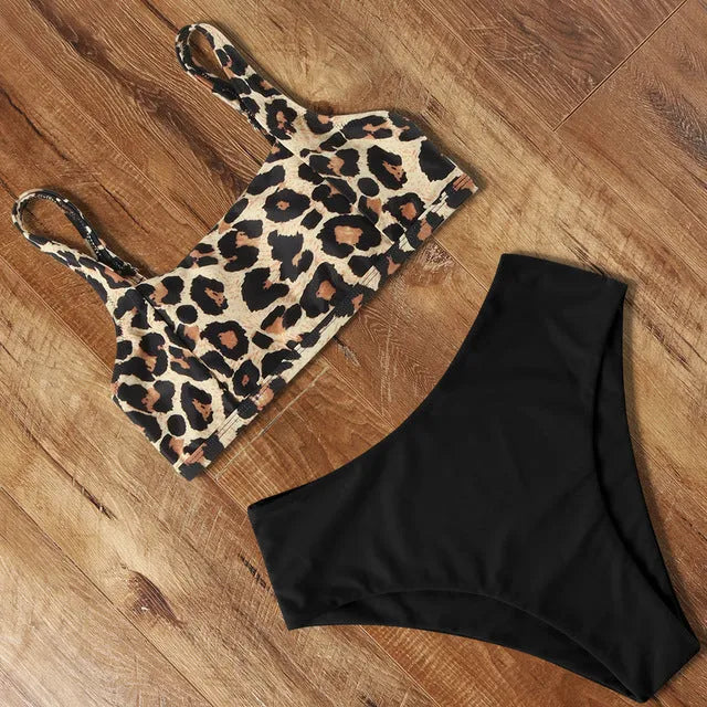 Women's leopard print high waist bikini swimsuit with push-up bra in polyester fabric