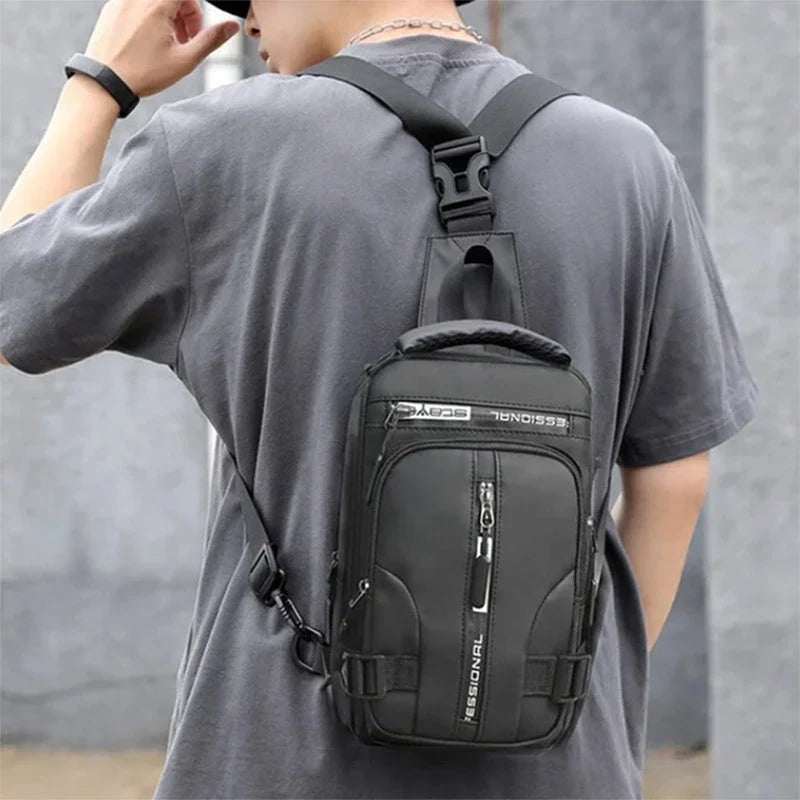 A versatile crossbody backpack for men with multiple pockets and a sleek, square profile for convenient, hands-free carry