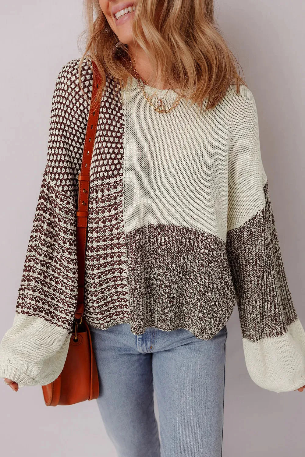 Dark khaki colour block loose sweater with long sleeves, dropped shoulders, and a back tie.