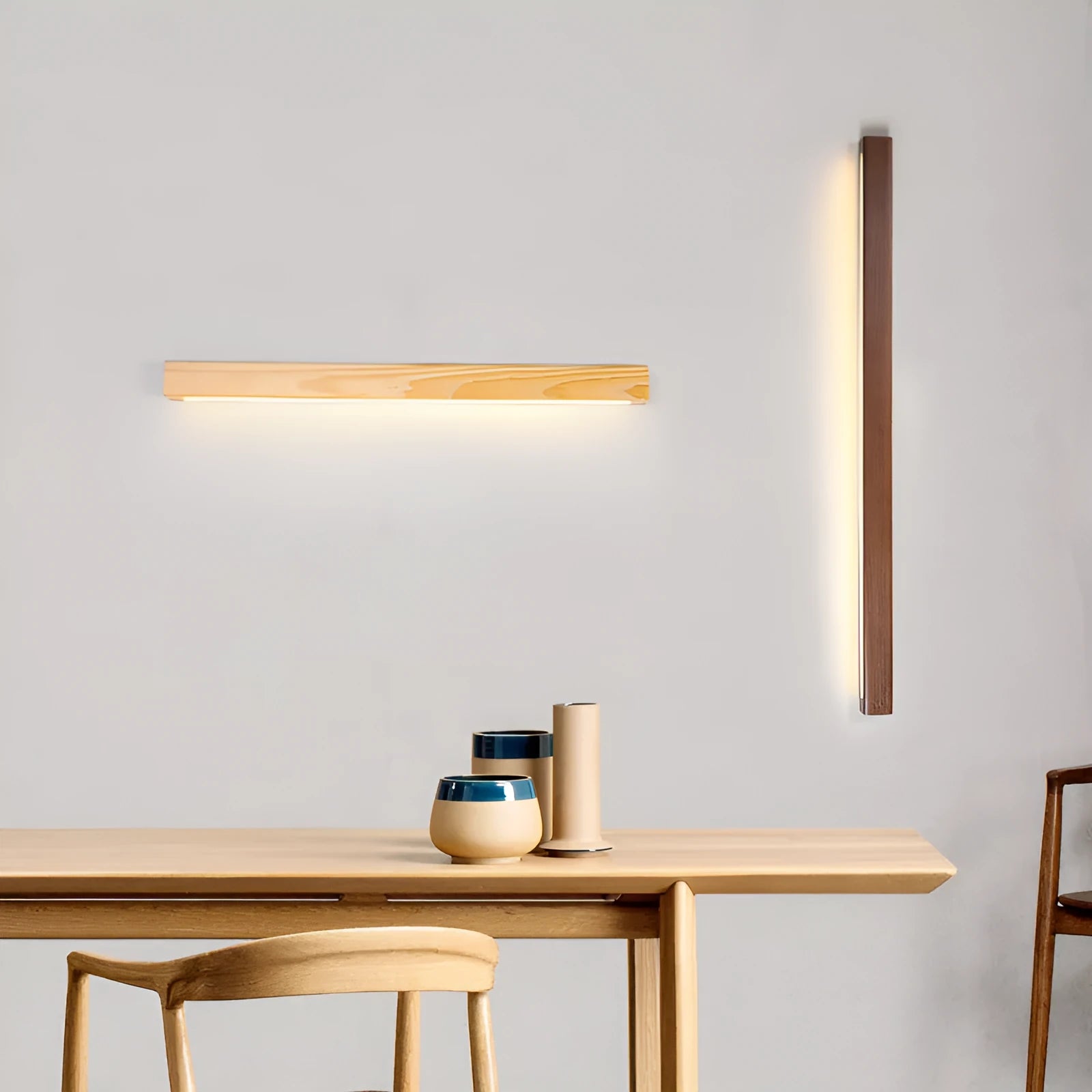 Walnut colour modern log strip wall lamp with slim 4.5cm profile and LED lighting