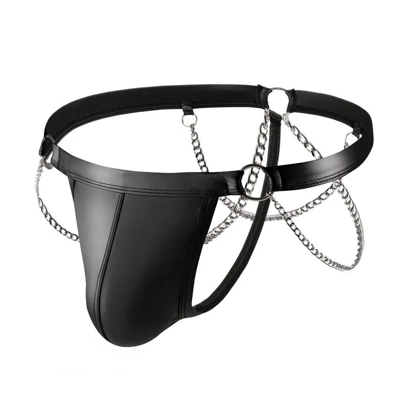 Black patent leather-look men's thong underwear with a metal chain detail on the front.