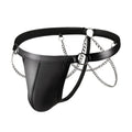 Black patent leather-look men's thong underwear with a metal chain detail on the front.
