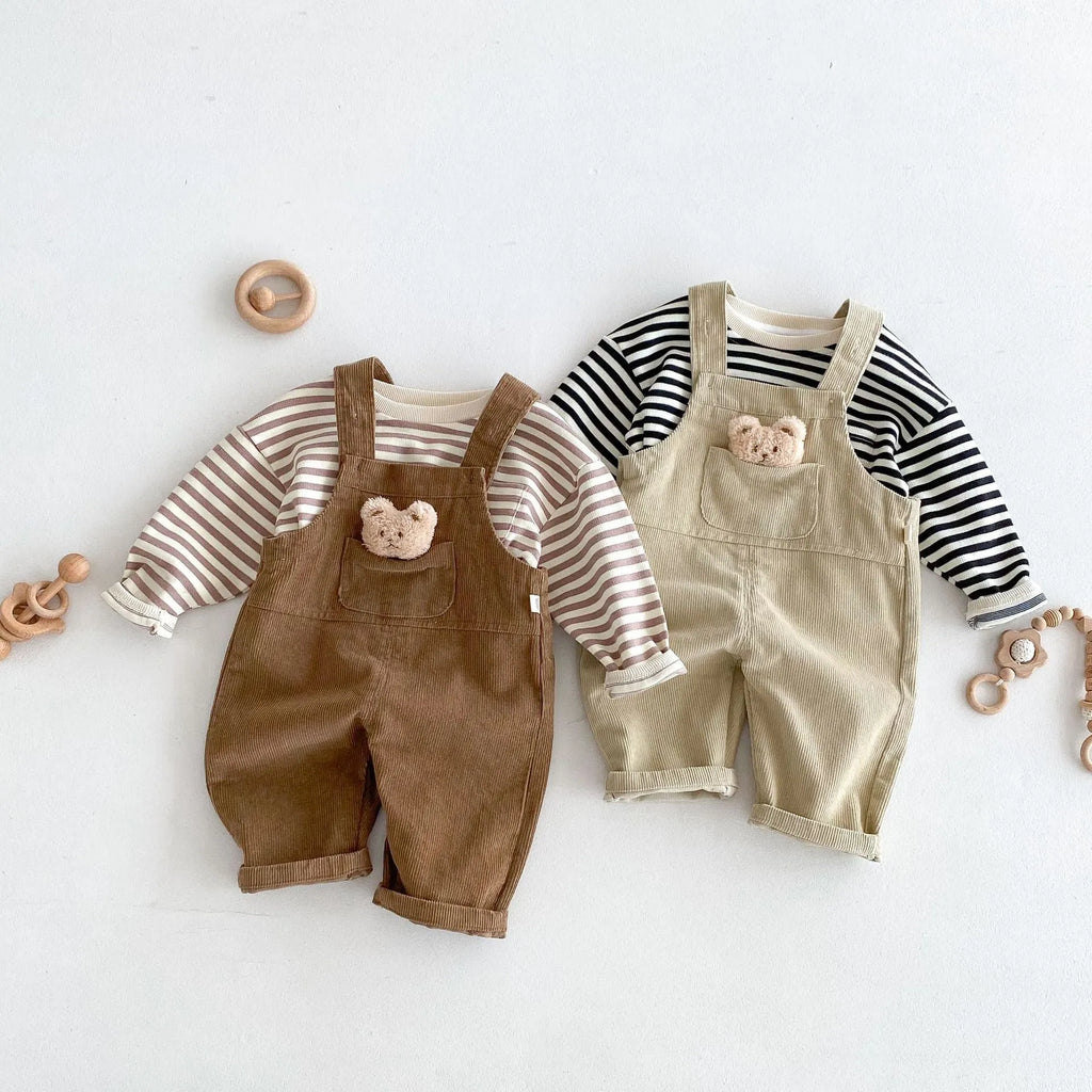 Boys' bear-style corduroy suspender overalls in apricot, solid colour, suitable for 73-100cm height