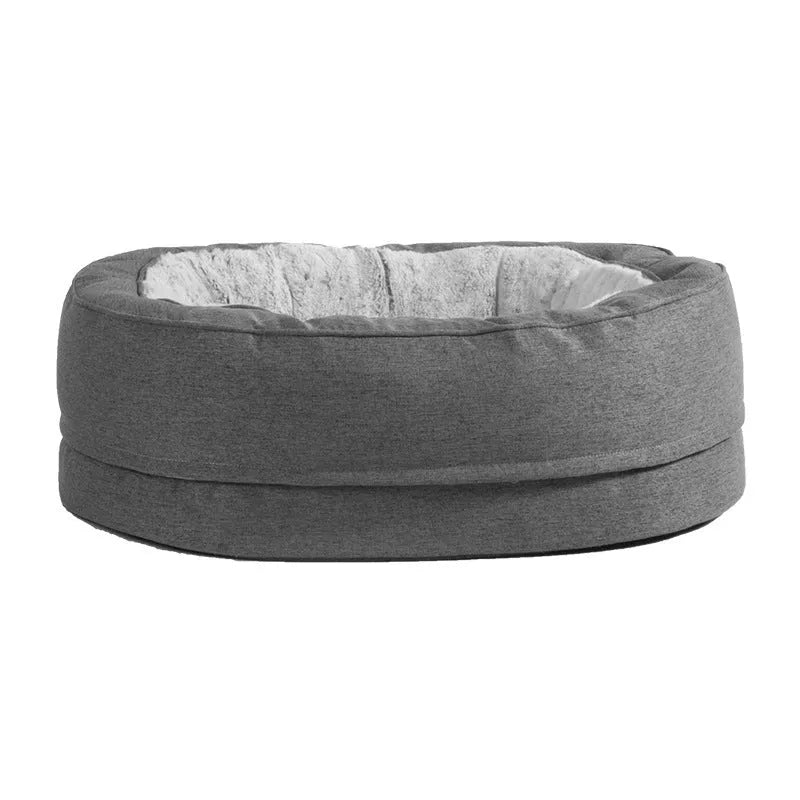 Grey oval cloth dog bed for medium dogs, M size, with warm kennel rim