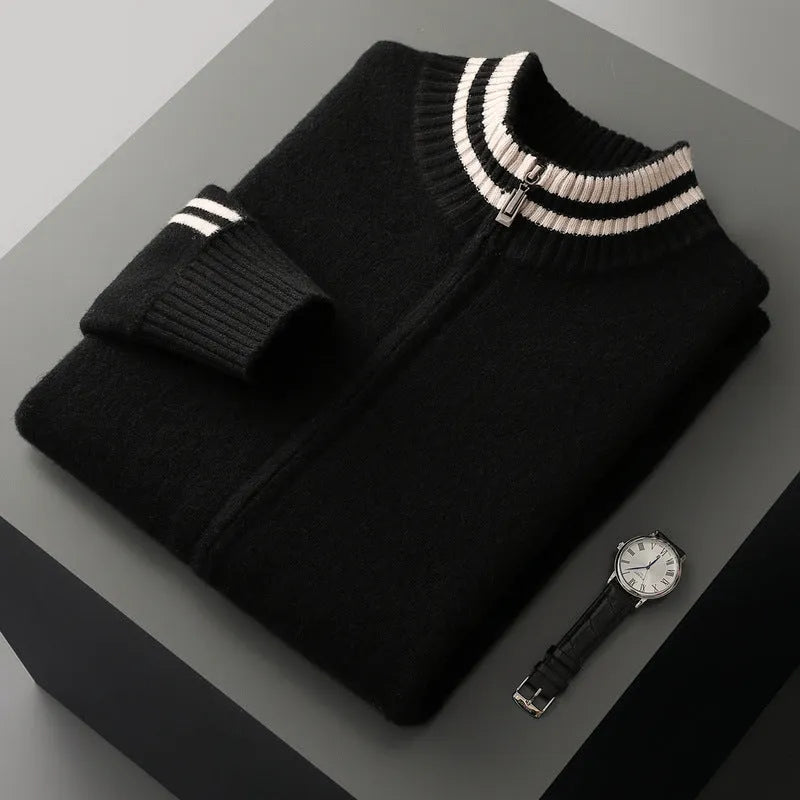 Men's half-high collar knitted striped cardigan in white and black, loose fit with Korean style, sizes S to 3XL