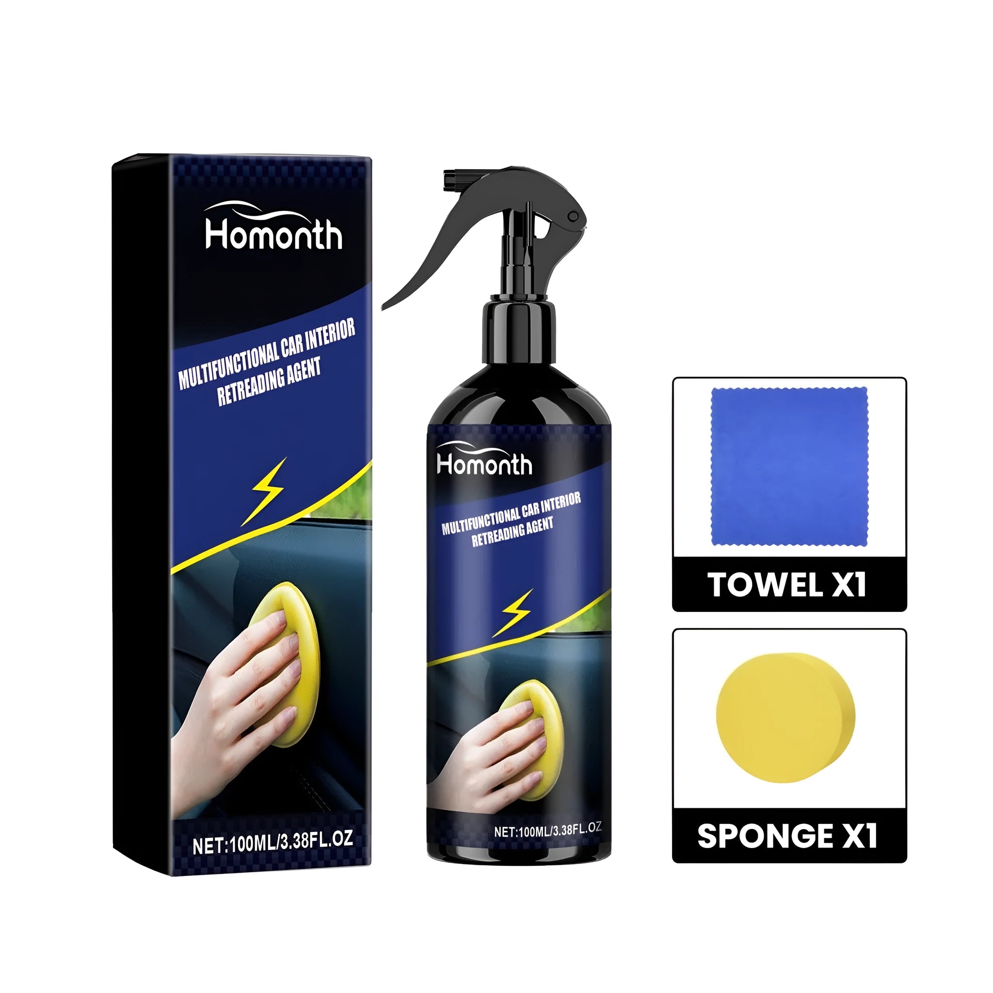 Car interior retreading agent kit showing PE bottle, yellow sponge, and microfibre towel