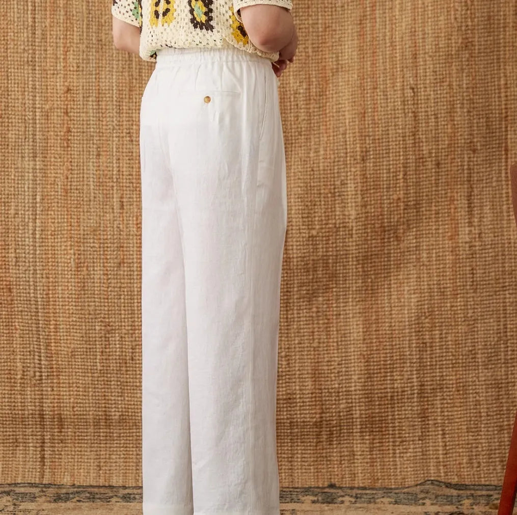 Linen high waist trousers with elasticated lace waistband in straight-leg cut