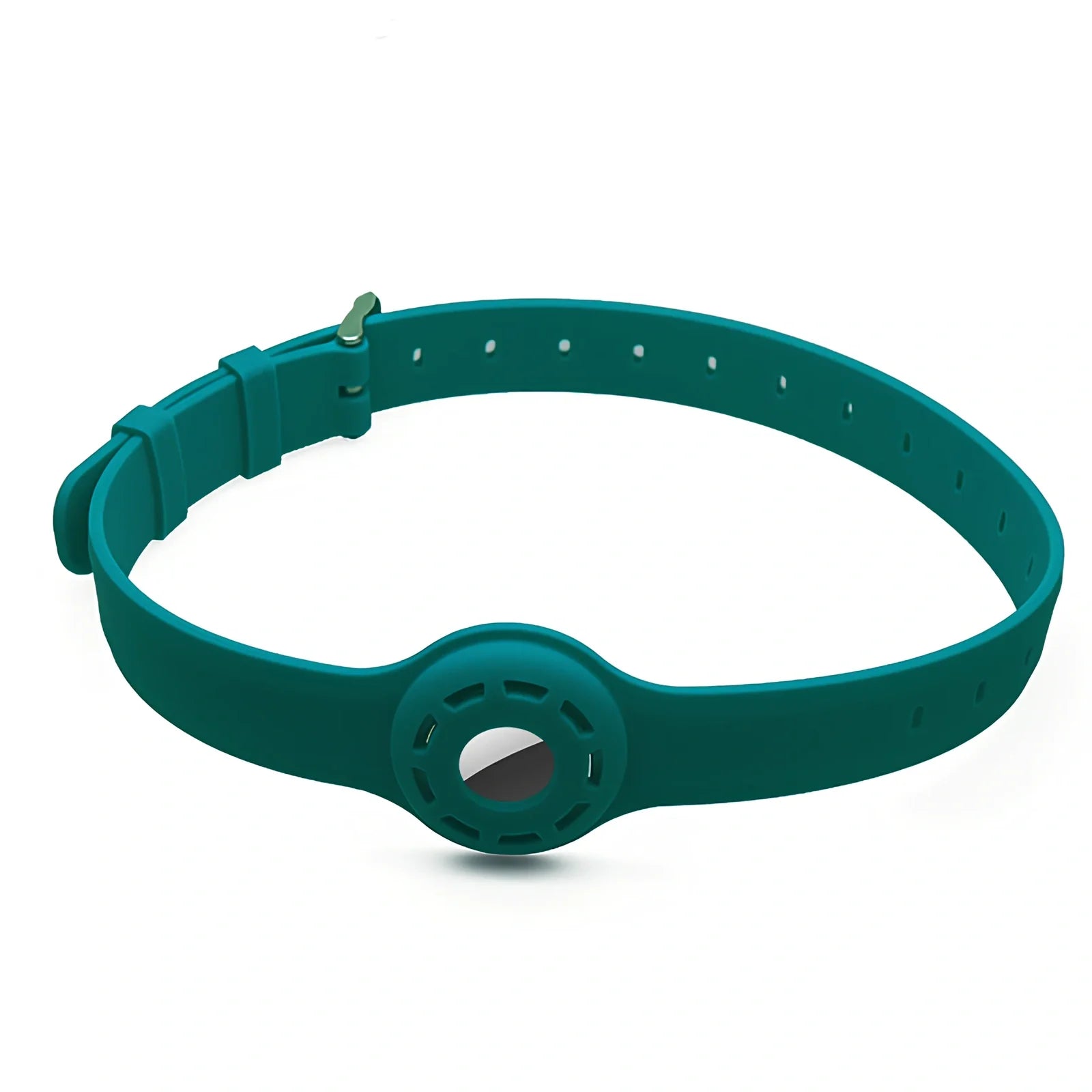 Red silicone AirTag tracker collar wrapped on pet neck, adjustable armband in solid colour for anti-lost security