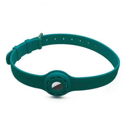 Red silicone AirTag tracker collar wrapped on pet neck, adjustable armband in solid colour for anti-lost security