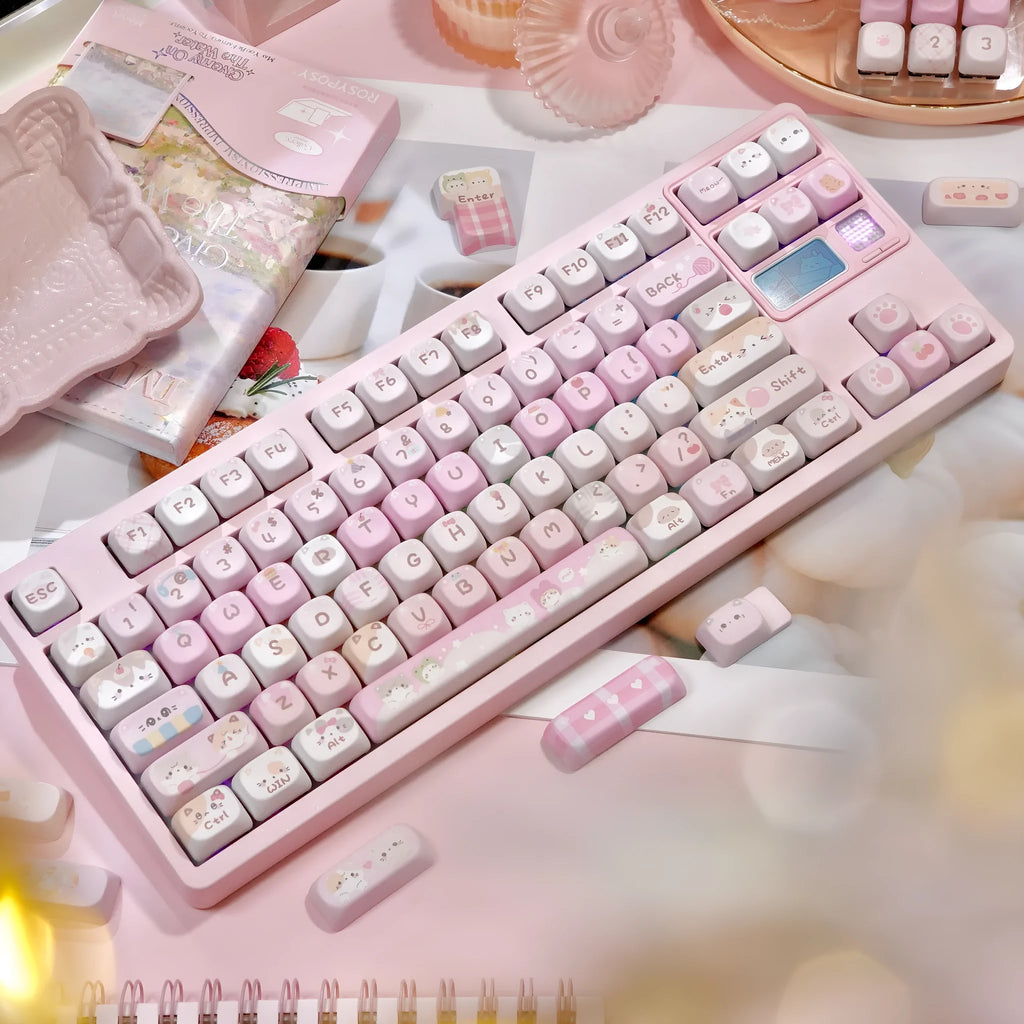 Pink cartoon design MOA profile mechanical keyboard keycaps showing print on top and sides