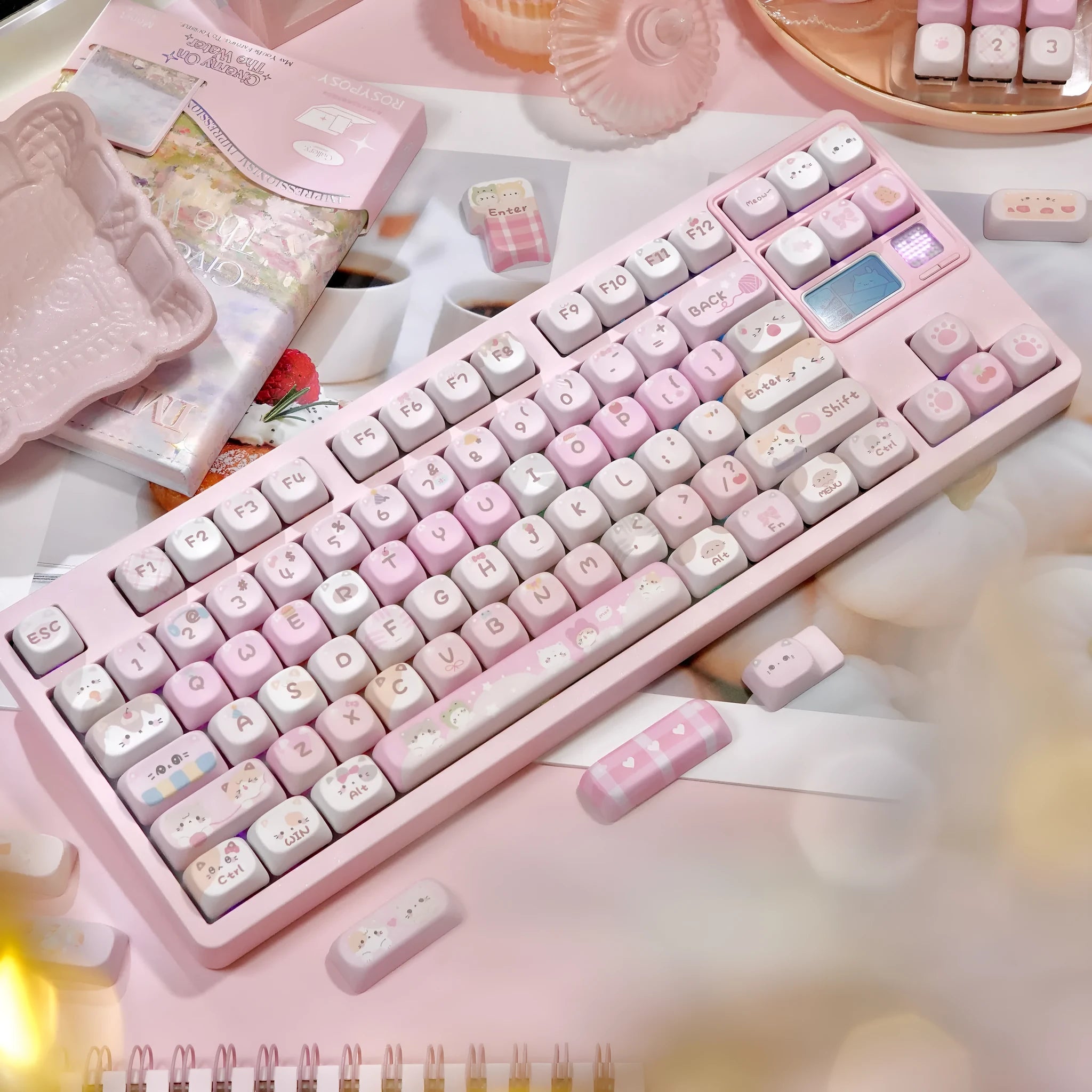 Pink cartoon design MOA profile mechanical keyboard keycaps showing print on top and sides