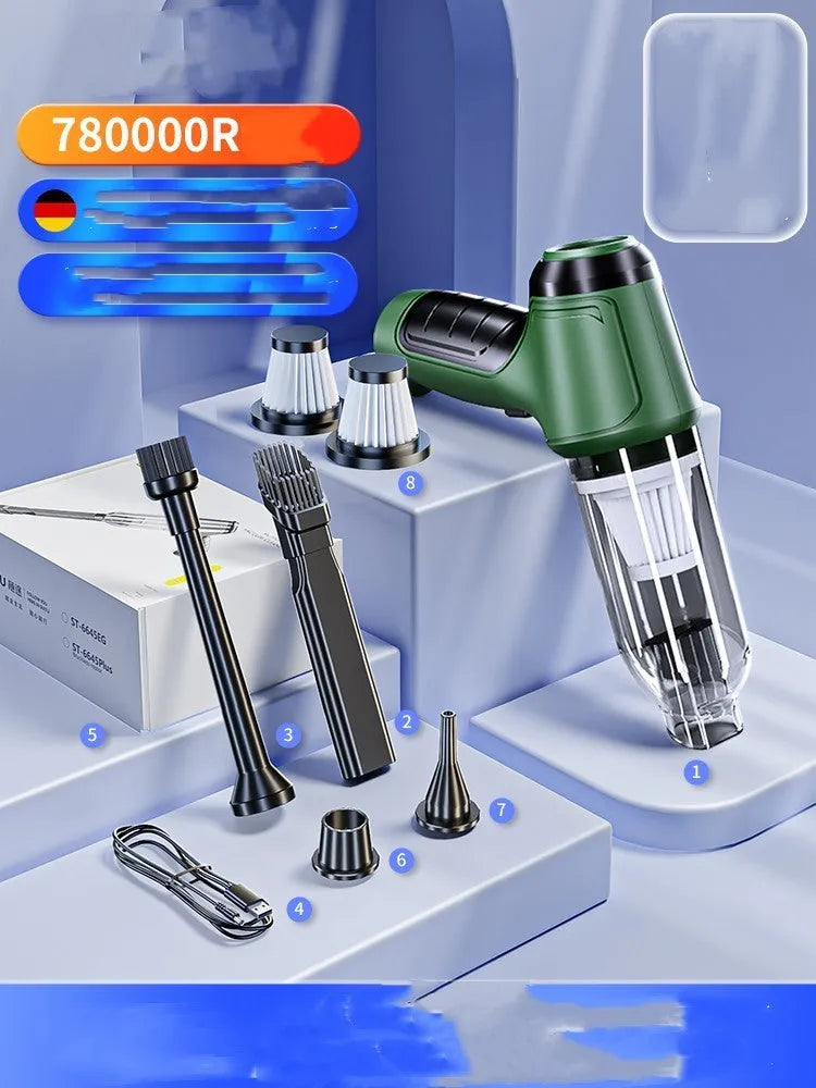 Wireless handheld vehicle vacuum cleaner with accessories on a car seat.