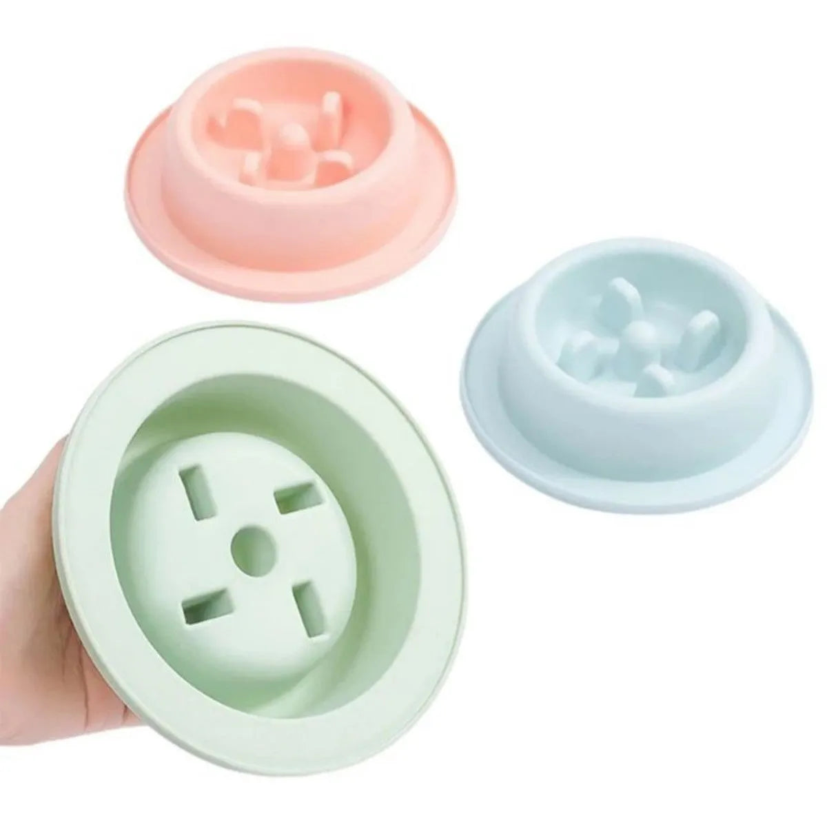 Blue PP plastic slow feeder dog bowl with maze pattern and non-slip base