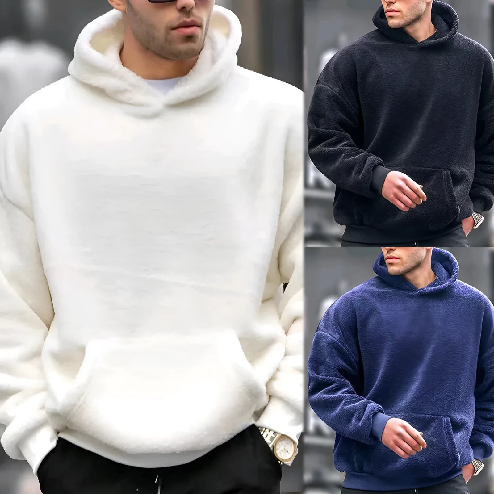 Men's fleece-lined lamb wool hooded sweater in black, front view, with hood and patch pockets