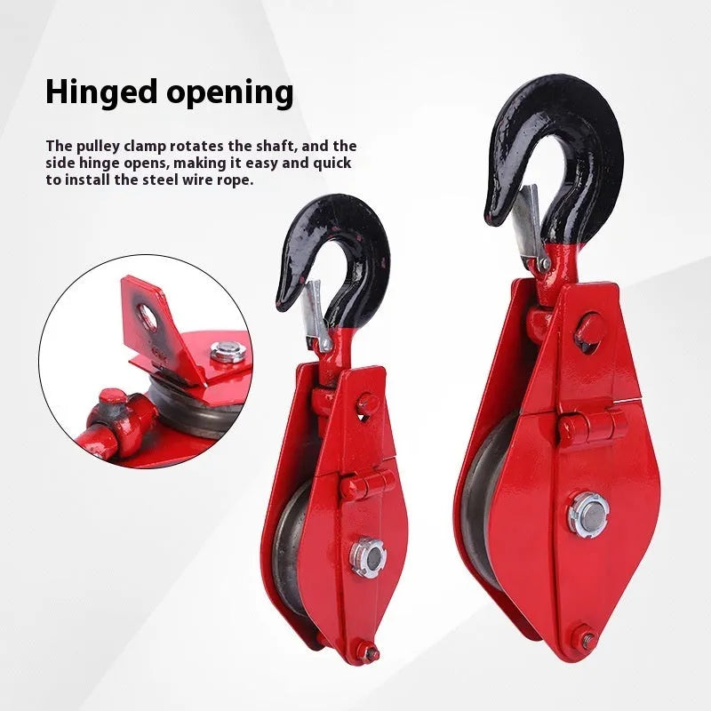 Red industrial lifting pulley with a safety-latched hook forged from A3 steel.
