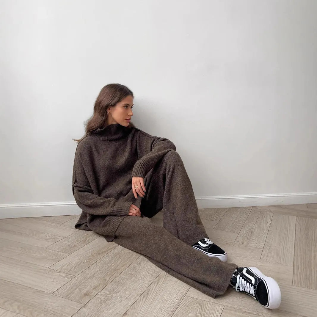 Women's dark grey acrylic knit suit set with side-slit sweater and trousers