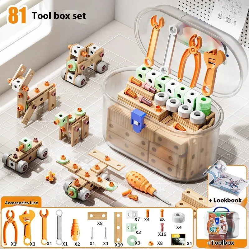 Children's plastic screw toy assembly set with blue building blocks and tools on a table