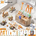 Children's plastic screw toy assembly set with blue building blocks and tools on a table