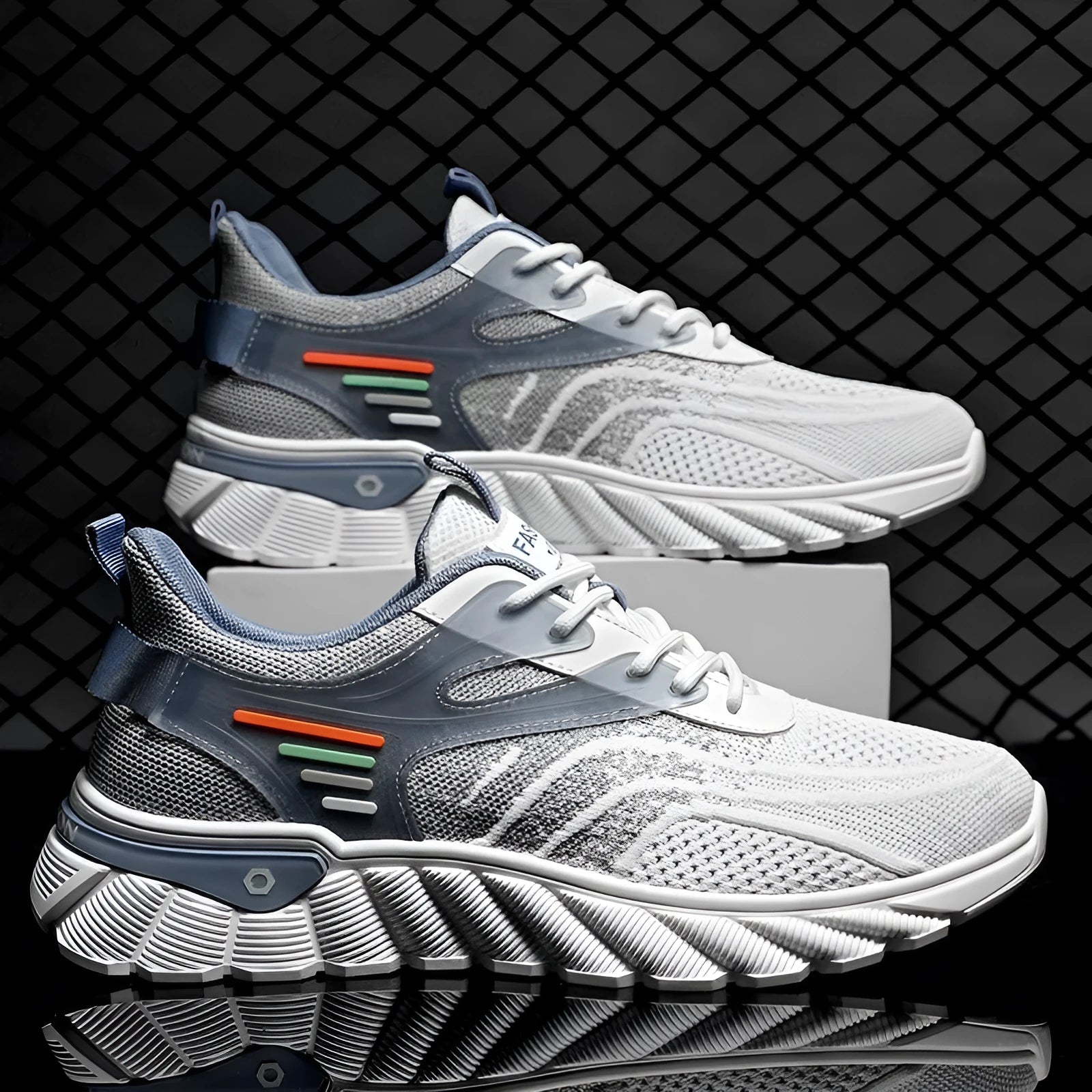 Men's black and white blue platform casual sports shoes with mesh upper and cross shoulder straps
